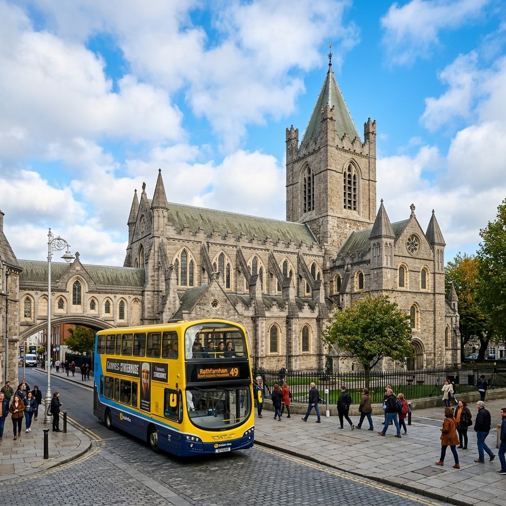 Gothic cathedral in Dublin with yellow double-decker bus