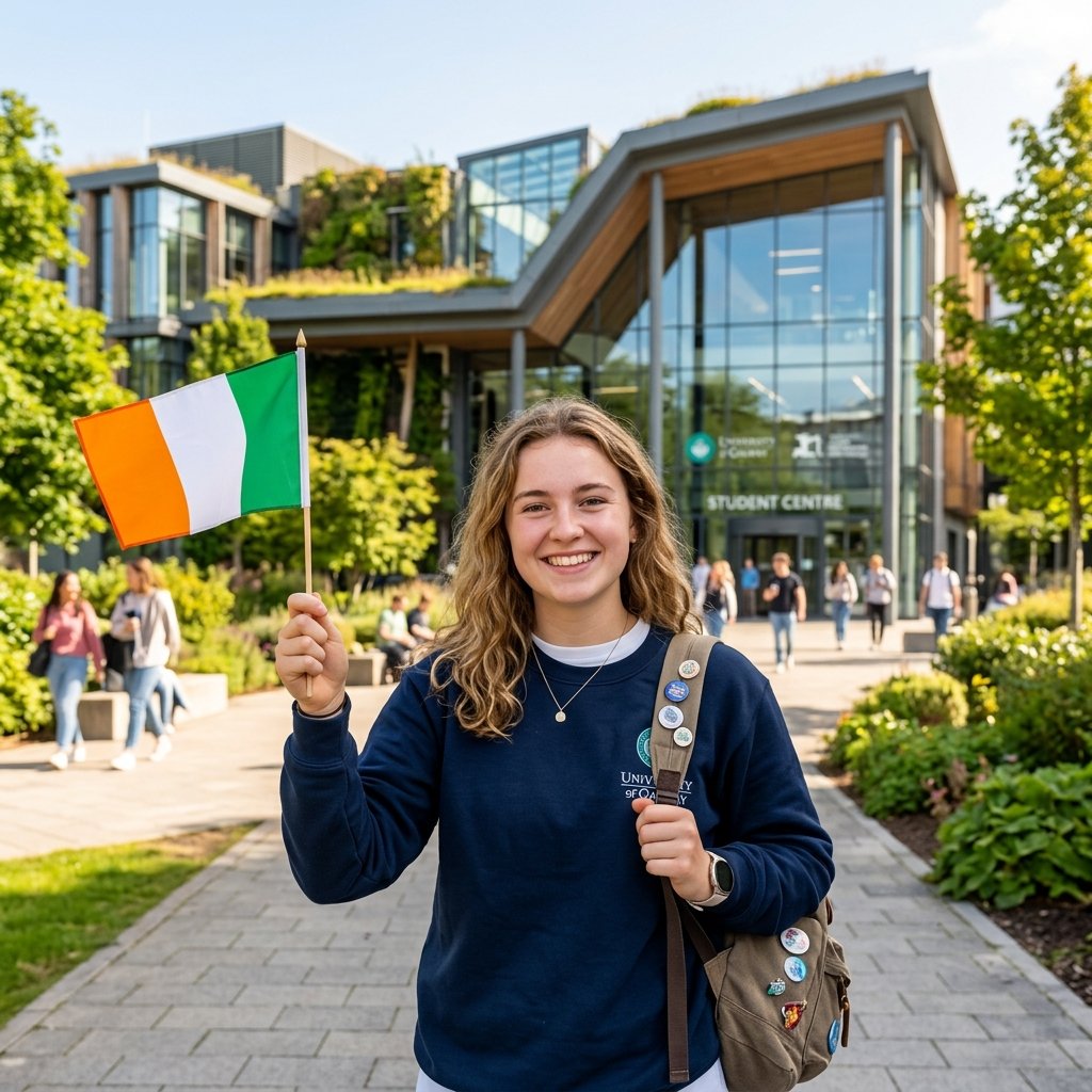 Student holding the Irish flag