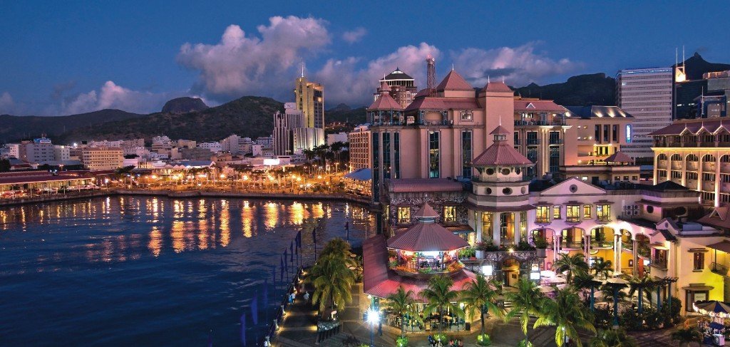 Mauritius city waterfront at night